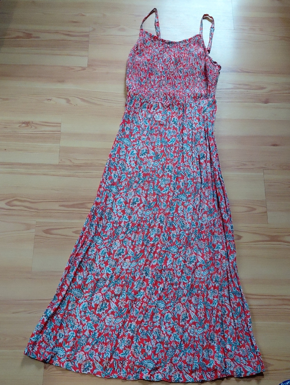 Old Navy Red Floral Maxi Dress with Teal Accents